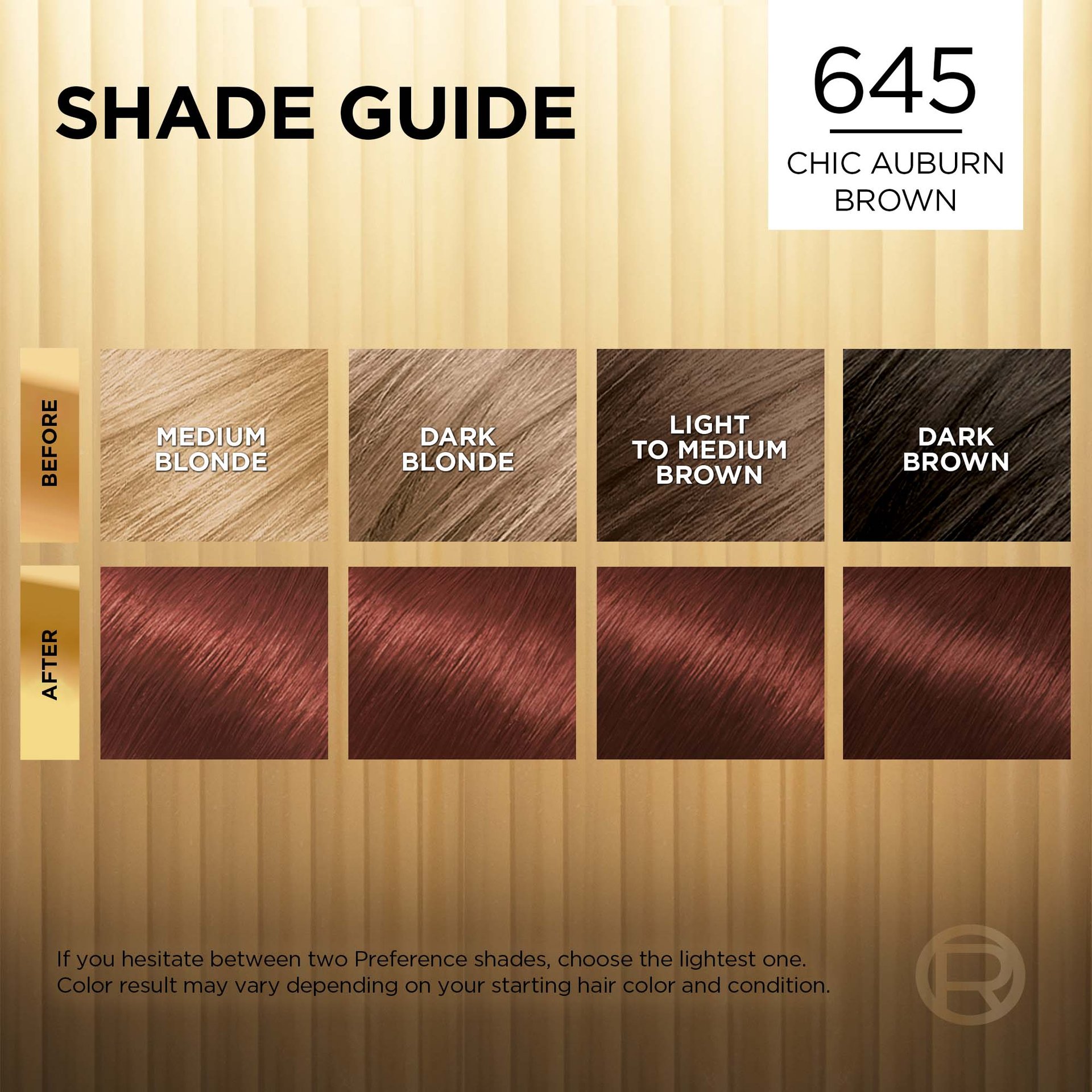 Hair before and after using Superior Preference 645 Chic Auburn Brown